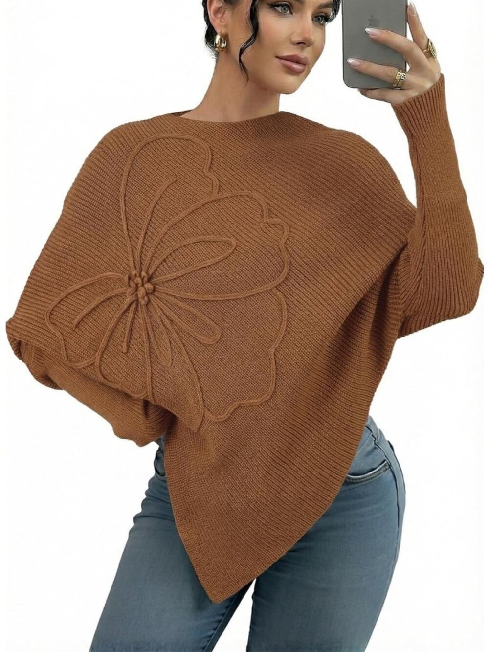 Women's Brown Oversized Long Sleeve Crewneck Asymmetrical Fashion Sweater